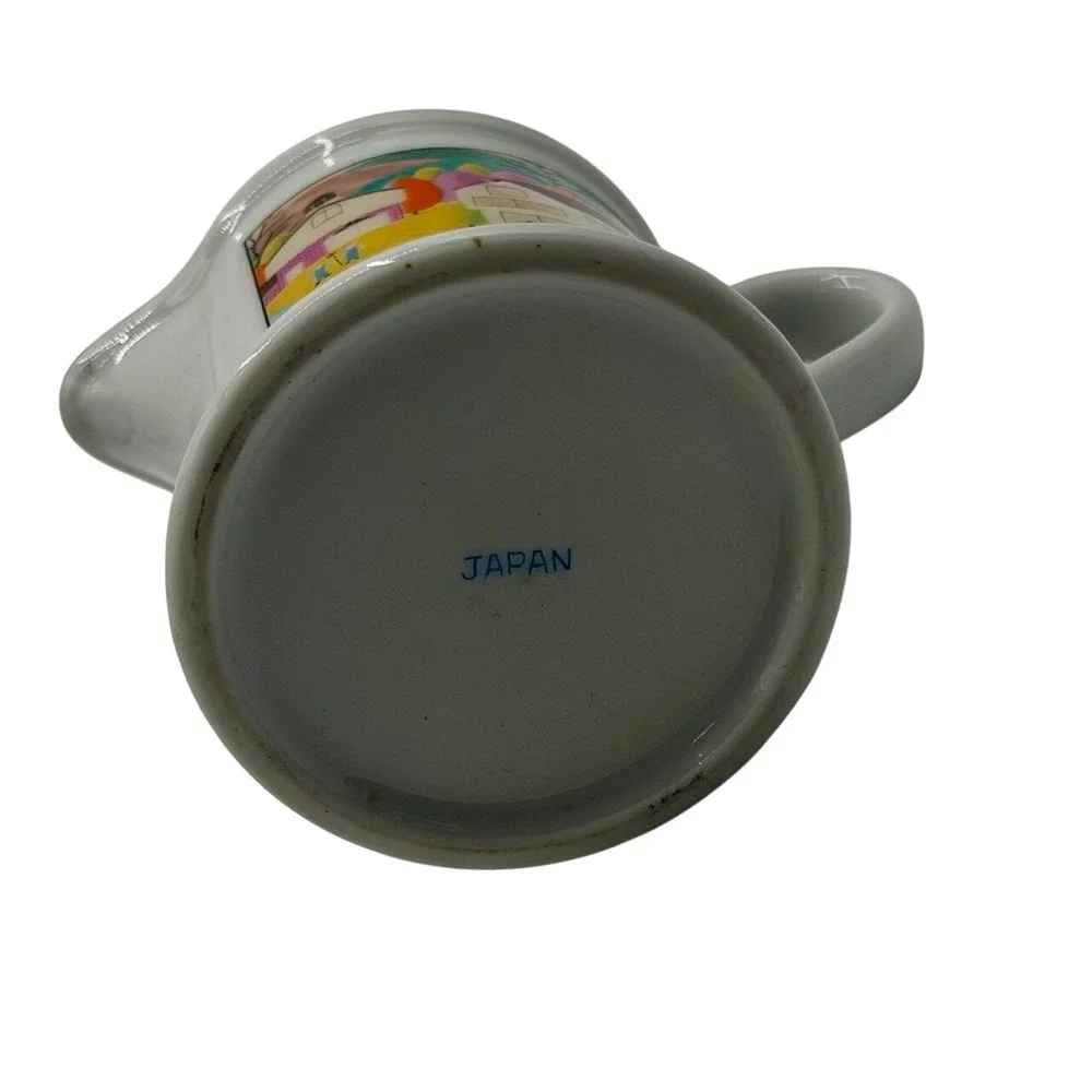 White Ceramic Creamer Pitcher Farmhouse Scene‎ Black Rim Japan